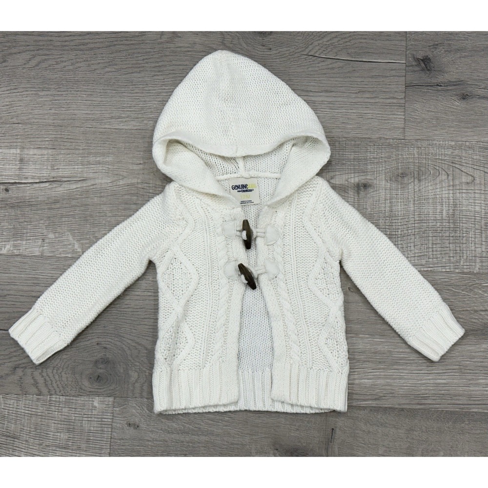 OshKosh BGosh Sweater Jacket White 12‎ Month Chunky Cable Knit Hooded Cardigan